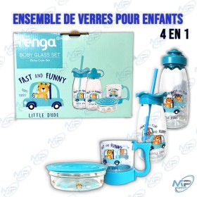 🥣Ensemble de Verres Enfants 4 en 1 - Thème Tigre & Voiture