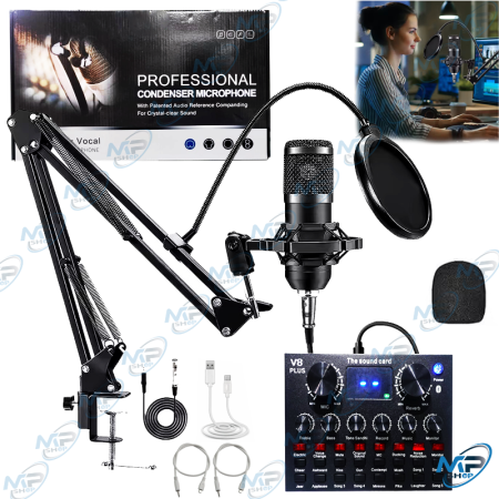 🎤Kit Micro Condensateur Pro avec Carte Son V8 Plus – Streaming, Podcast & Studio