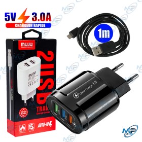 ⚡ MUJU Chargeur Secteur 3 Ports USB (QC 3.0) 18W – Kit Câble Micro USB