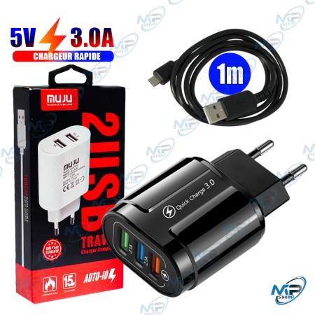 ⚡ MUJU Chargeur Secteur 3 Ports USB (QC 3.0) 18W – Kit Câble Micro USB