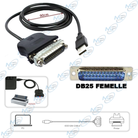 🔌Câble Adaptateur USB vers Port Parallèle DB25 Femelle – Connecteur IEEE 1284 pour Imprimantes