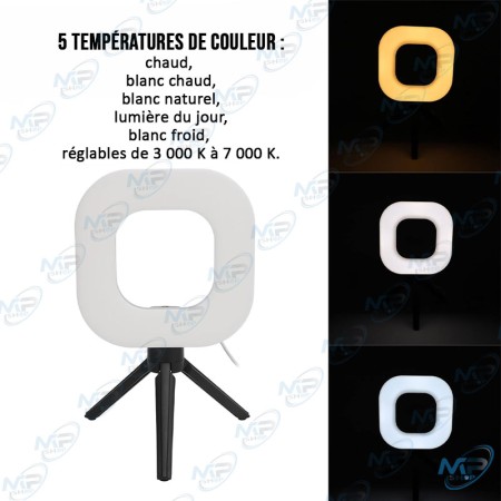 🌟Ring Light LED Carré 16cm USB – 5 Températures, Trépied Inclus