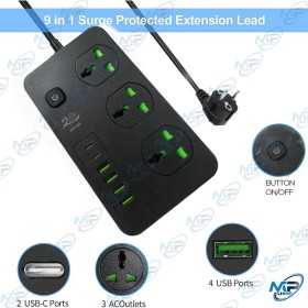🔌Multiprise Électrique 9 en 1 avec 4 Ports USB + 2 Ports USB-C + 3 Prises AC | 3000W | Câble 2M – Modèle MH-T09
