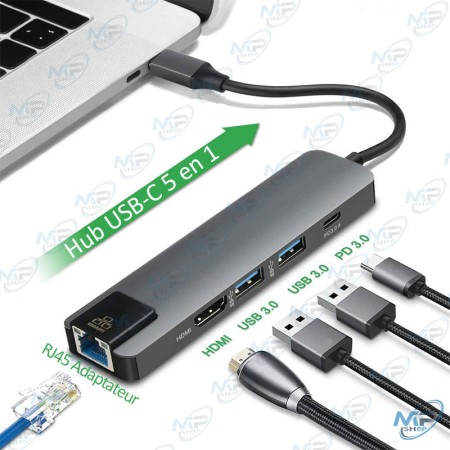 💻Hub USB-C 5-en-1 HDMI 4K RJ45 Gigabit – Adaptateur Multiport USB 3.0 PD