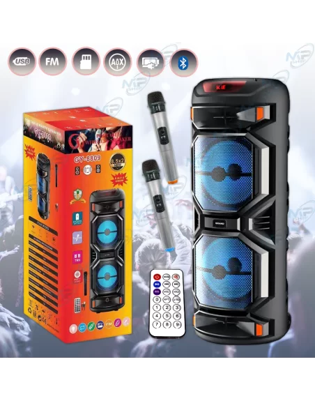 🔊Enceinte Bluetooth Karaoké GY-8809 avec 2 Micros Sans Fil – USB, FM, TWS, Télécommande – Rechargeable