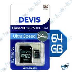 💾 Carte Mémoire microSDHC 64 Go DEVIS – Class 10 Ultra Speed – Avec Adaptateur SD – Haute Vitesse Lecture/Écriture – Idéale pour