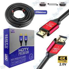 🔌 Câble HDMI 2.0 Premium 20 mètres – 4K Ultra HD 60Hz – HDTV 4K2K – Haute Vitesse – Connecteurs plaqués or
