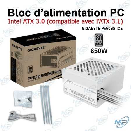 🔌Bloc d’Alimentation PC Gigabyte P650SS ICE 650W Blanc – ATX 3.0 Compatible ATX 3.1 – Certification 80 Plus Silver