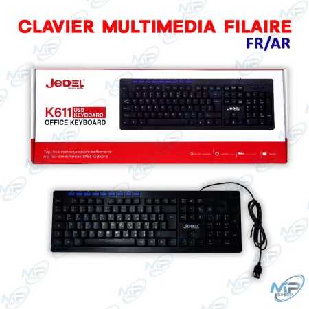 ⌨️ Clavier Multimédia Filaire USB JEDEL K611 – Clavier Bureau Complet FR/AR avec Touches Multimédia pour PC