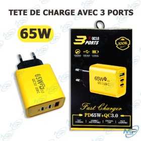 ⚡Tête Chargeur Rapide 65W USB-C PD + QC3.0 – Adaptateur Secteur 3 Ports (USB-C + USB)
