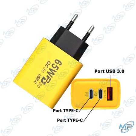 ⚡Tête Chargeur Rapide 65W USB-C PD + QC3.0 – Adaptateur Secteur 3 Ports (USB-C + USB)