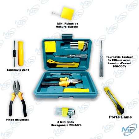🧰 Kit Outils Complet 9 en 1 avec Boîte – Tournevis, Pince, Cutter, Clés Hexagonales et Testeur de Tension