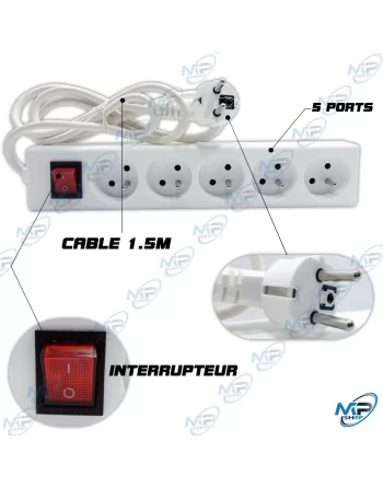 🔌 Multiprise 5 Prises avec Interrupteur – Rallonge Électrique 1.5m Sécurisée pour Maison et Bureau