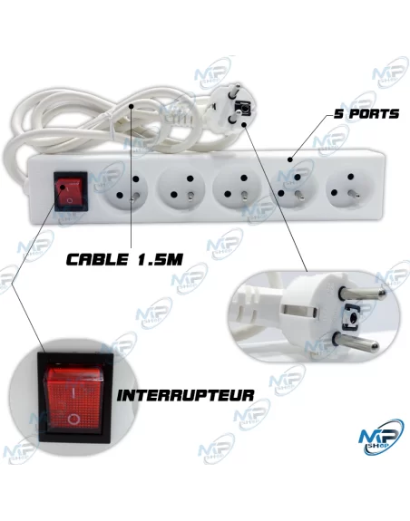 🔌 Multiprise 5 Prises avec Interrupteur – Rallonge Électrique 1.5m Sécurisée pour Maison et Bureau