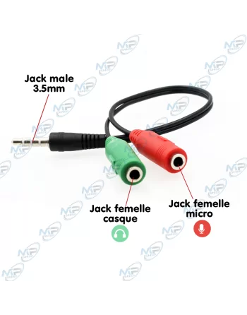 🎧 Adaptateur Audio Jack 3.5 mm Mâle vers Double Jack 3.5 mm Femelle Casque + Micro