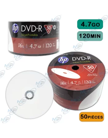 📀 HP DVD-R Imprimable 4.7 Go 16x – Bobine de 50 DVD Enregistrables Blanche Jet d'Encre – 120 Minutes