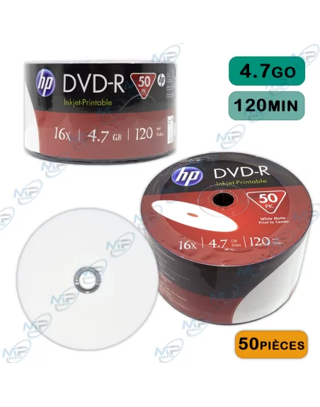 📀 HP DVD-R Imprimable 4.7 Go 16x – Bobine de 50 DVD Enregistrables Blanche Jet d'Encre – 120 Minutes