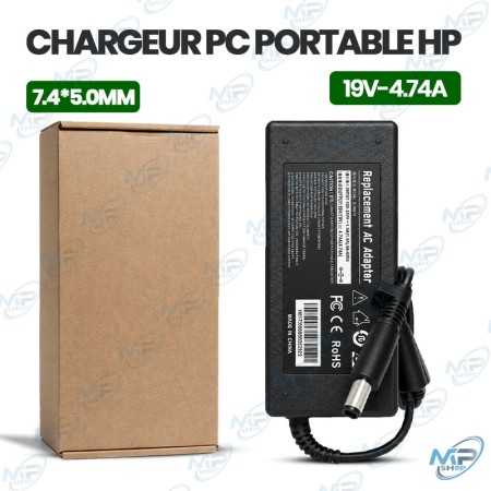 🔌 Chargeur PC Portable HP 19V 4.74A – Connecteur 7.4 × 5.0 mm – Adaptateur Secteur Compatible HP