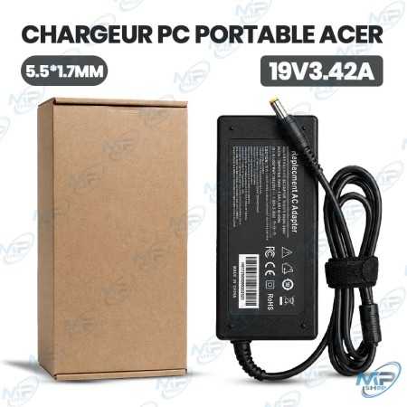 🔌 Chargeur PC Portable Acer 19V 3.42A 65W – Embout 5.5 x 1.7 mm – Adaptateur Secteur Compatible Acer