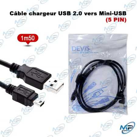 🔌 Câble USB 2.0 vers Mini USB 5 Broches (5 Pin) 1,5 m – Câble de Charge et Transfert de Données Haute Qualité