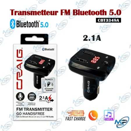 🚗 Transmetteur FM Bluetooth 5.0 Craig CBT3348A – Kit Mains Libres, Chargeur USB 2.1A, Lecteur MP3 pour Voiture