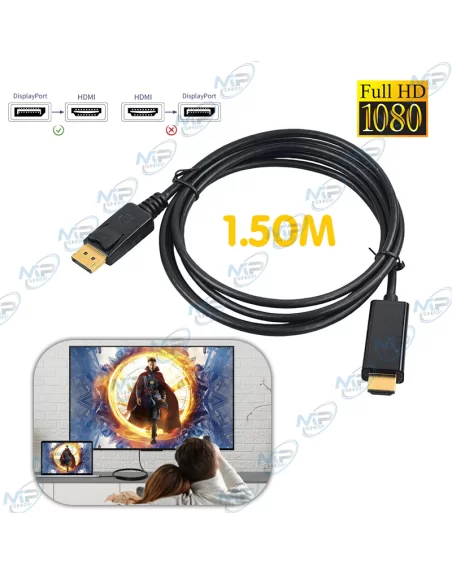 🔌Câble DisplayPort (DP) vers HDMI Full HD 1080P – 1,50 m – Adaptateur Audio & Vidéo Unidirectionnel
