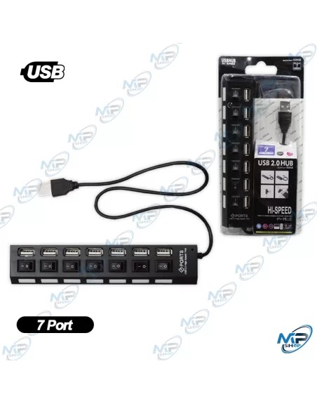 🔌 Hub USB 2.0 Haute Vitesse 7 Ports avec Interrupteurs Individuels – Répartiteur USB Multiports Plug & Play pour PC et Ordinateu