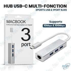 🔌 Hub USB-C Multi-Fonction 3 Ports USB 3.0 + Ethernet RJ45 10/100 Mbps – Adaptateur MacBook