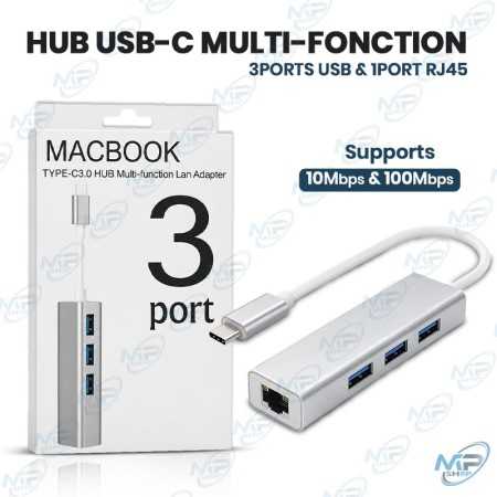 🔌 Hub USB-C Multi-Fonction 3 Ports USB 3.0 + Ethernet RJ45 10/100 Mbps – Adaptateur MacBook
