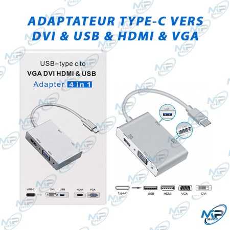 📺 Adaptateur USB Type-C vers HDMI, VGA, DVI & USB – Hub 4 en 1