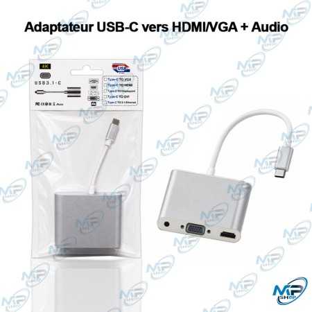 📺 Adaptateur USB-C vers HDMI & VGA 4K avec Sortie Audio 3,5 mm – Convertisseur Vidéo Type-C pour Écran, TV et Projecteur