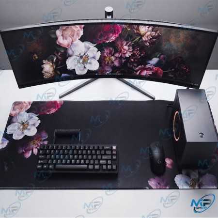 🖱️ Tapis de Souris Grand Format 89,5 × 39,5 cm – Desk Mat XXL Floral Noir, Rose et Blanc