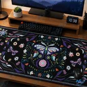 🖱️ Tapis Souris Grand Format 89,5 × 39,5 cm – Desk Mat Noir Floral avec Papillons pour Bureau et PC