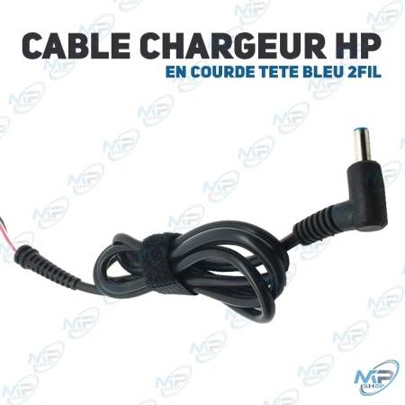 🔌 Câble Chargeur PC HP Tête Bleue 2 Fils – Câble d’Alimentation Courbé pour Ordinateur Portable HP