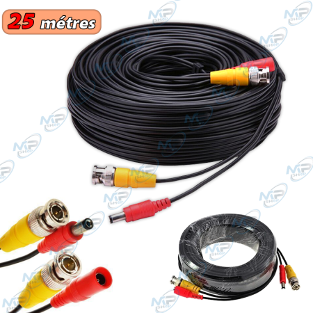 🔌 Câble CCTV 25 mètres BNC + Alimentation – Rallonge Vidéo et Power Longue Distance pour Caméras de Surveillance