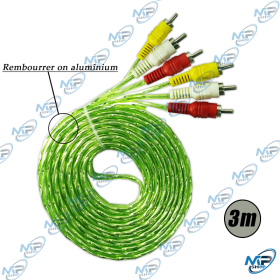 🔌 Câble RCA vers RCA Audio Vidéo – 3m – 3 Connecteurs AV blindés aluminium haute performance